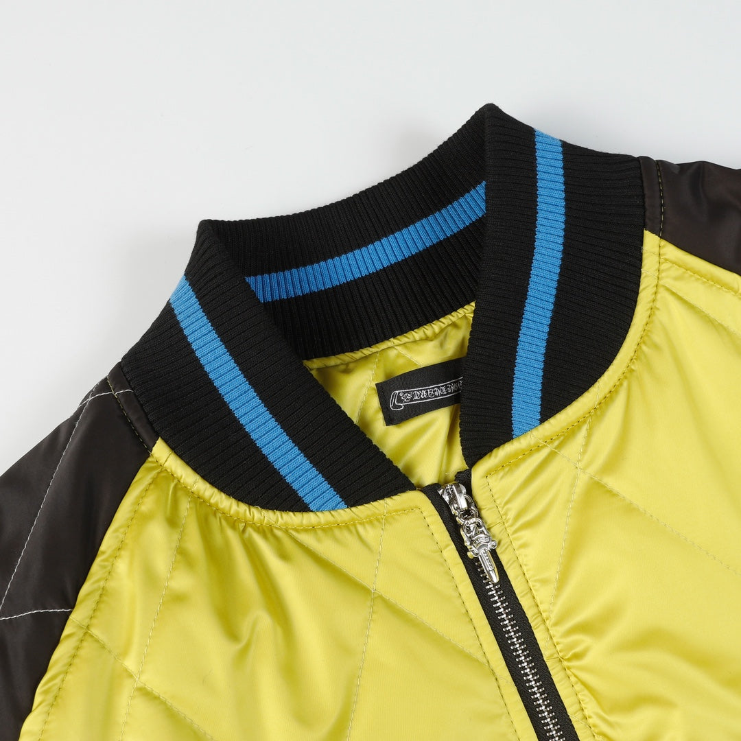 Chrome-Hearts Flaming Youth Bomber Jacket - Yellow Black Graphic Street Coat D10