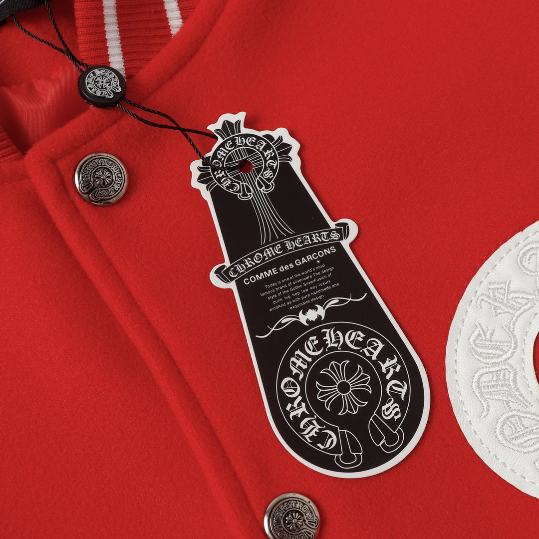 Chrome-Hearts Red Cross Varsity Jacket - White Sleeve Gothic Street Baseball Coat D68