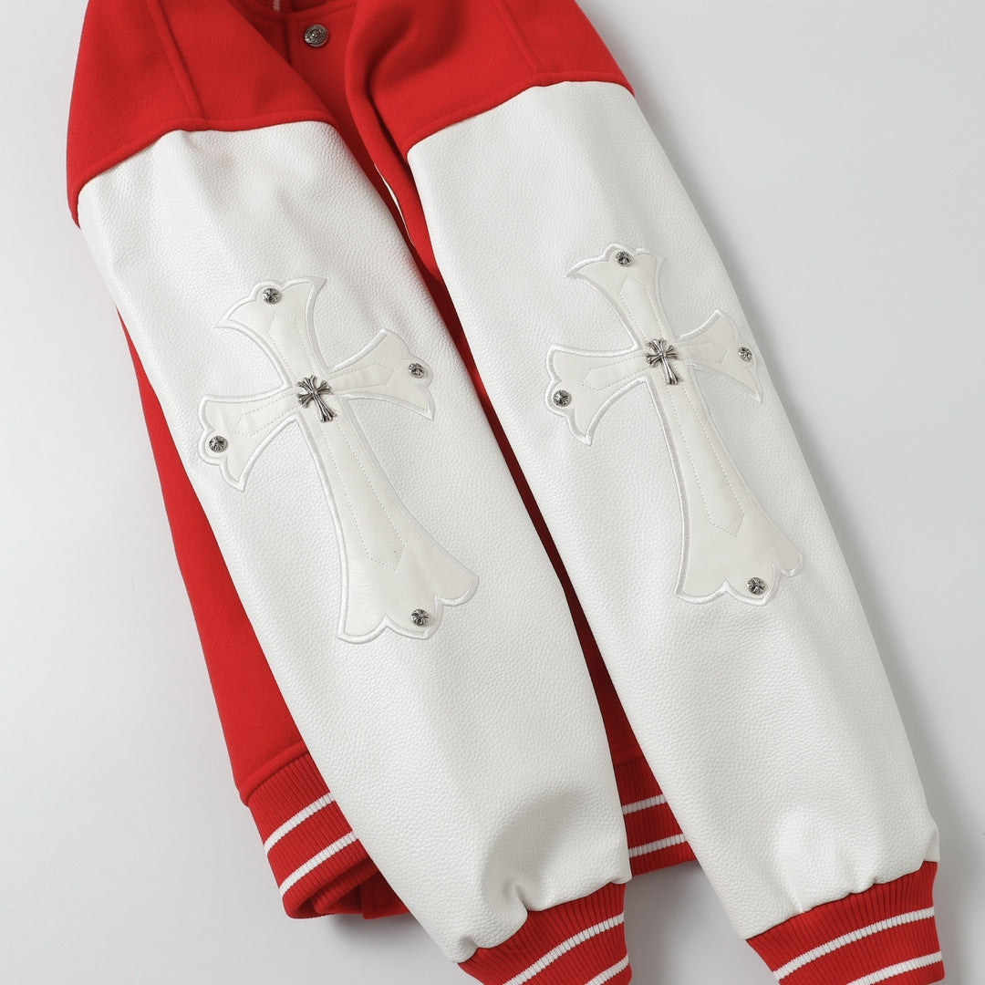 Chrome-Hearts Red Cross Varsity Jacket - White Sleeve Gothic Street Baseball Coat D68