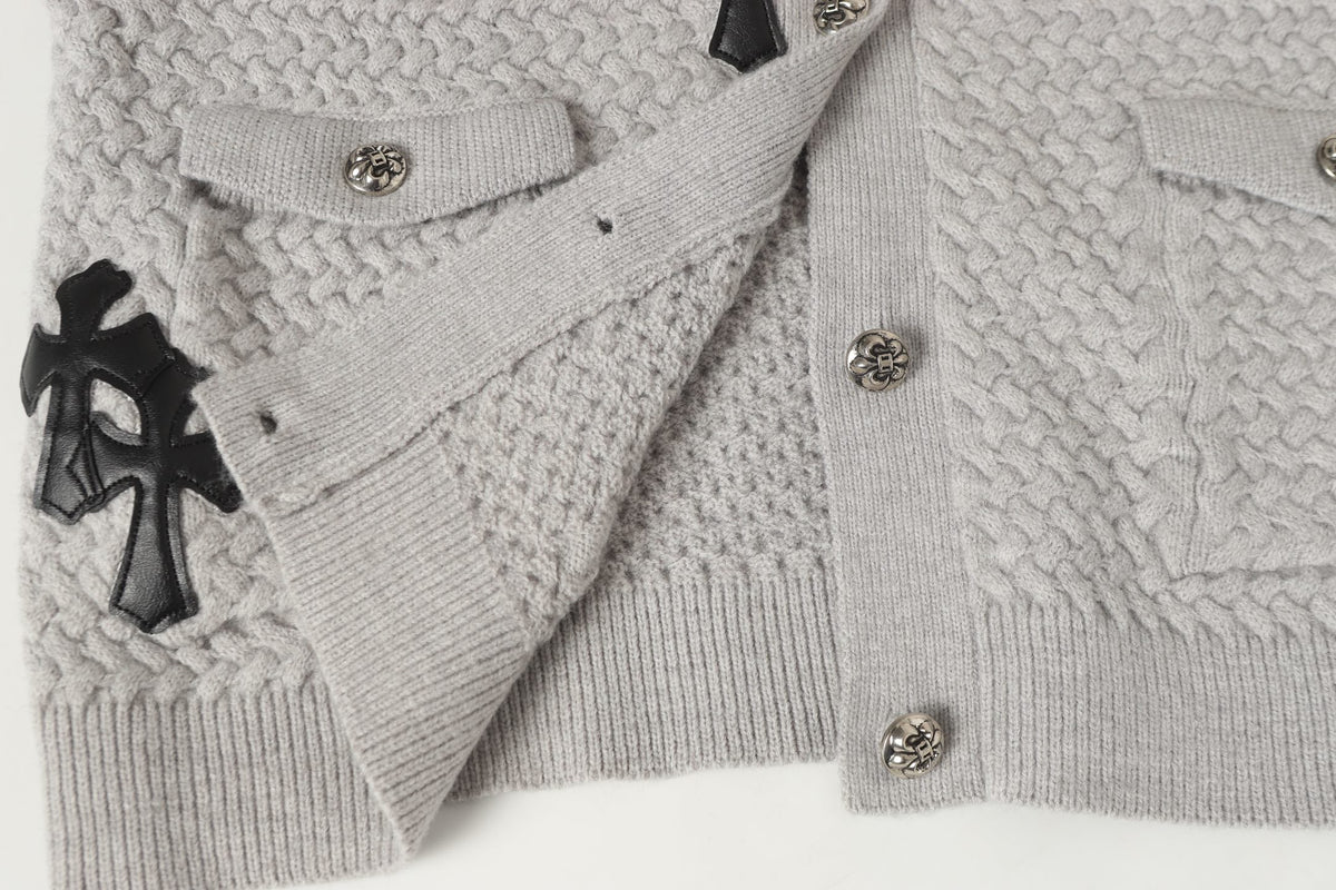 Chrome-Hearts Gothic Cross Knit Cardigan - Black Grey Streetwear Jacket 904