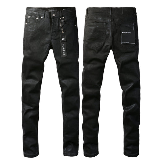 PURPLE  Men Streetwear Skinny Jeans Black Wash with Subtle Sheen and Tag Accent 9082