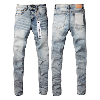 PURPLE  Men Streetwear Skinny Jeans Light Blue Wash with Lightly Faded Wash 9053
