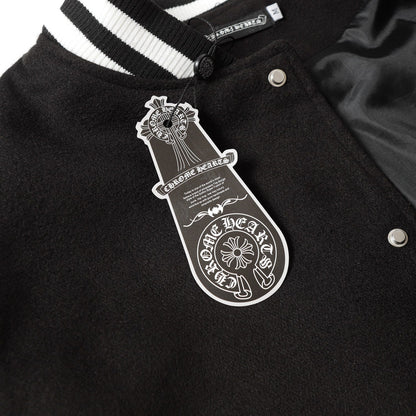 Chrome-Hearts Cross Embroidered Leather Sleeve Varsity Jacket - Black Street Style 116