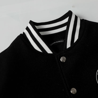 Chrome-Hearts Layered Cross Varsity Jacket - Black White Street Style Outerwear 2208
