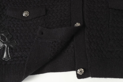 Chrome-Hearts Gothic Cross Knit Cardigan - Black Grey Streetwear Jacket 904