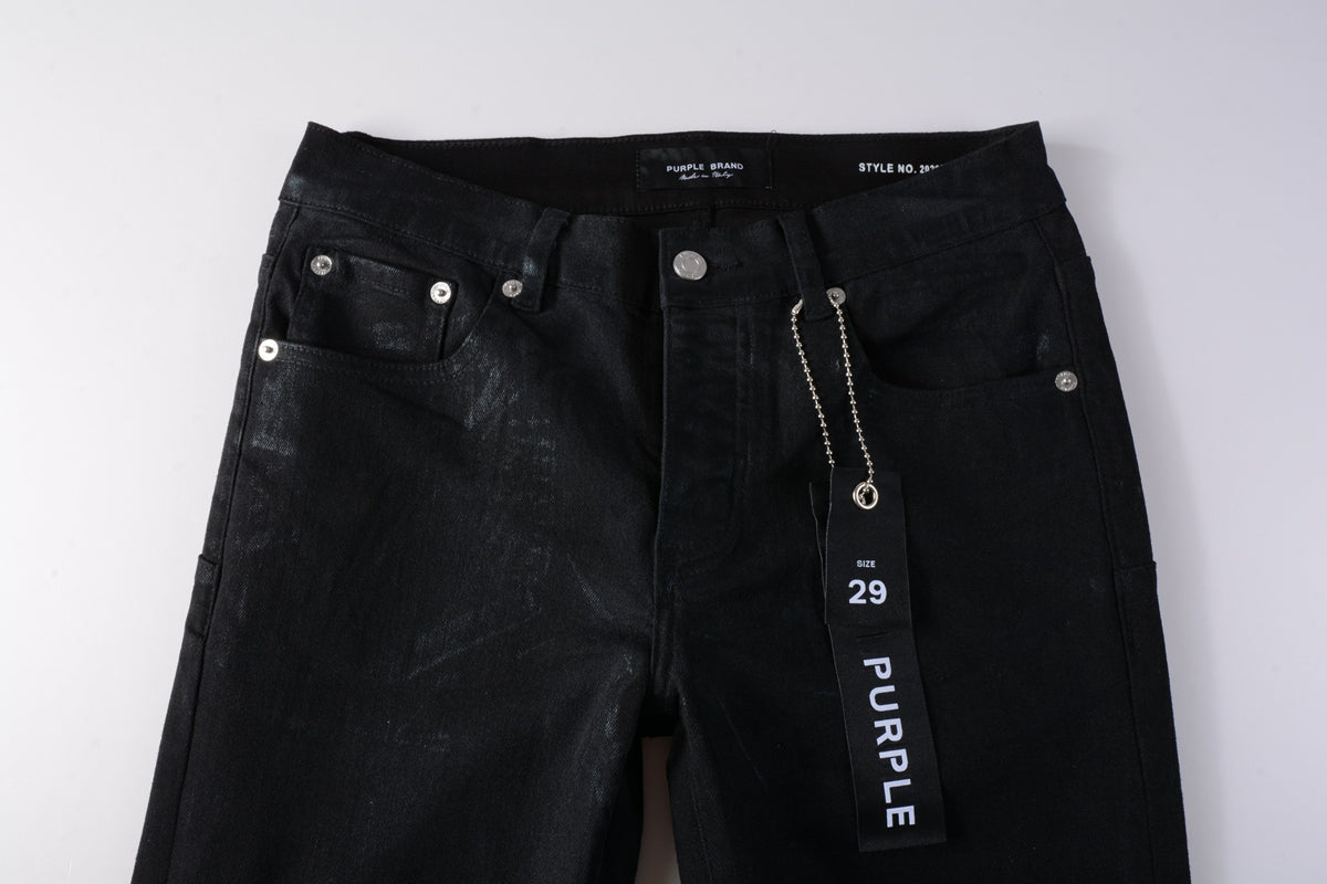PURPLE  Men Streetwear Skinny Jeans Black Wash with Subtle Sheen and Tag Accent 9082