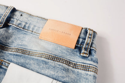 PURPLE  Men Streetwear Skinny Jeans Light Blue Wash with Lightly Faded Wash 9053